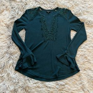Lucky Brand Teal Blue Long Sleeve Lace Deep V Gauzy Material Flared Bellsleeve